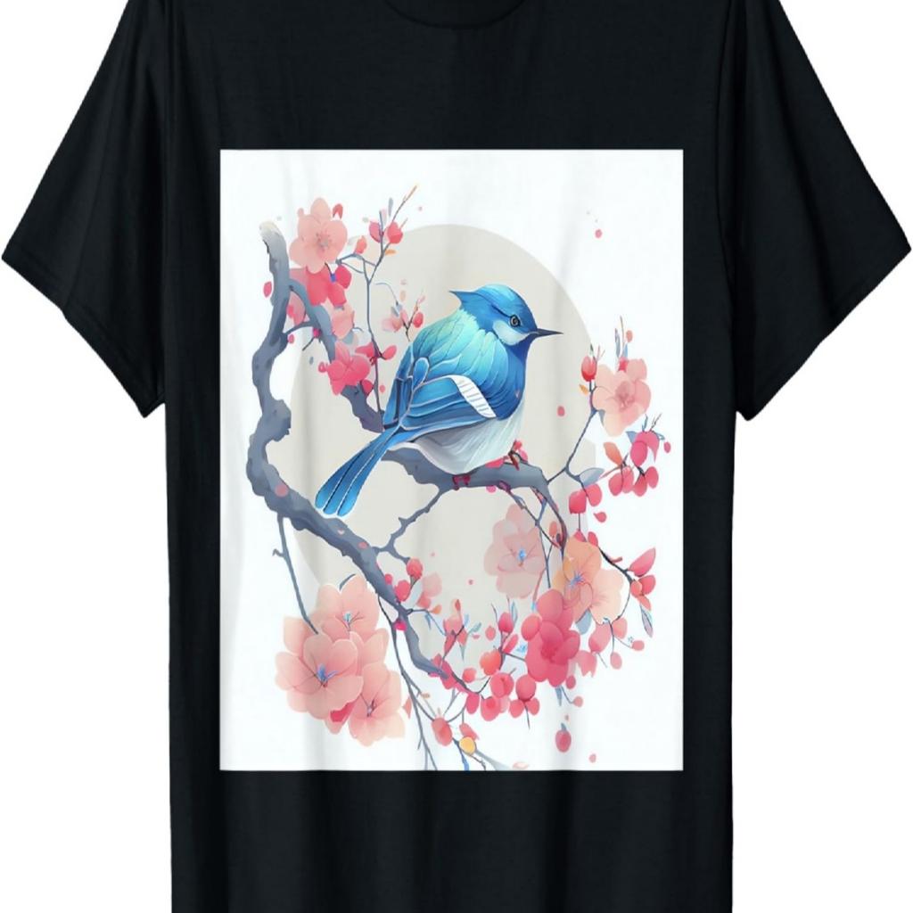 Eastern Blue Bird and Pink Cherry Blossom Tree T-Shirt