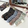 Autumn Winter Mid Calf Socks for Women Japanese Embossed Floral Cotton Socks Court Retro Ethnic Artistic Style Soft Casual Socks