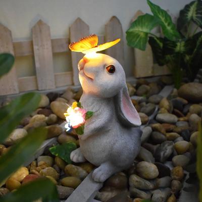 Outdoor Solar Rabbit Statue with LED Light Garden Waterproof Resin Butterfly Bunny