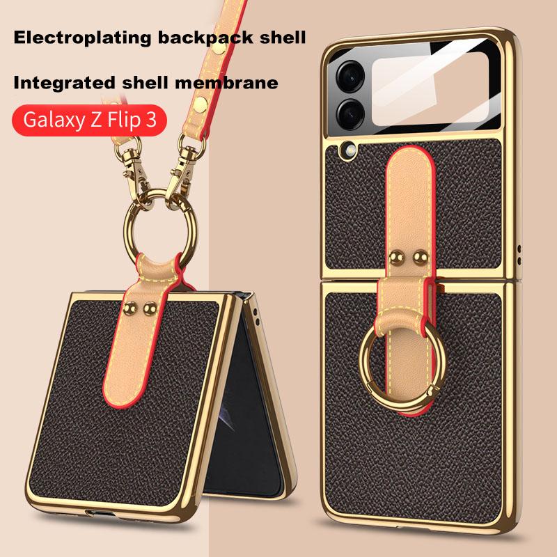 Phone Case For Samsung Galaxy Z Flip3 /4 5gcase Ring Holder Stand Crossbody Shoulder Strap Silicone Anti -Scratch Shookproof Cover