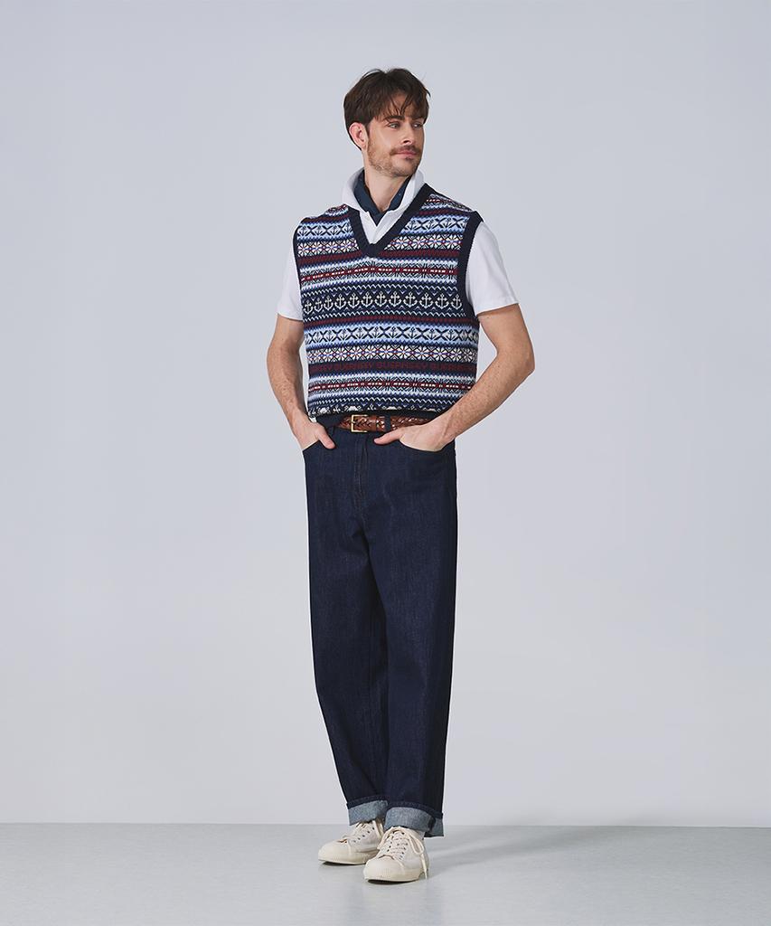 Geonjiulleunseu Grand Roque Fair Isle Cotton V-Neck Vest - Navy