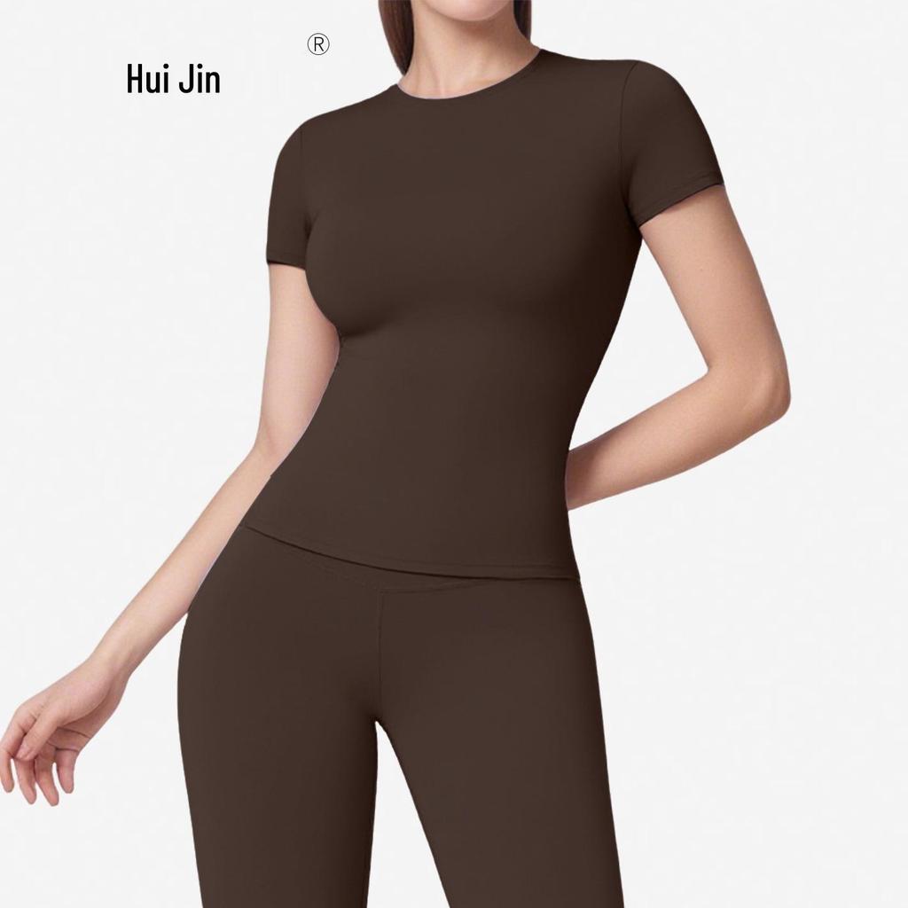 Women's Plain Round Neck Quick-Dry Yoga T-Shirt - Summer Slim Fit Fitness Top