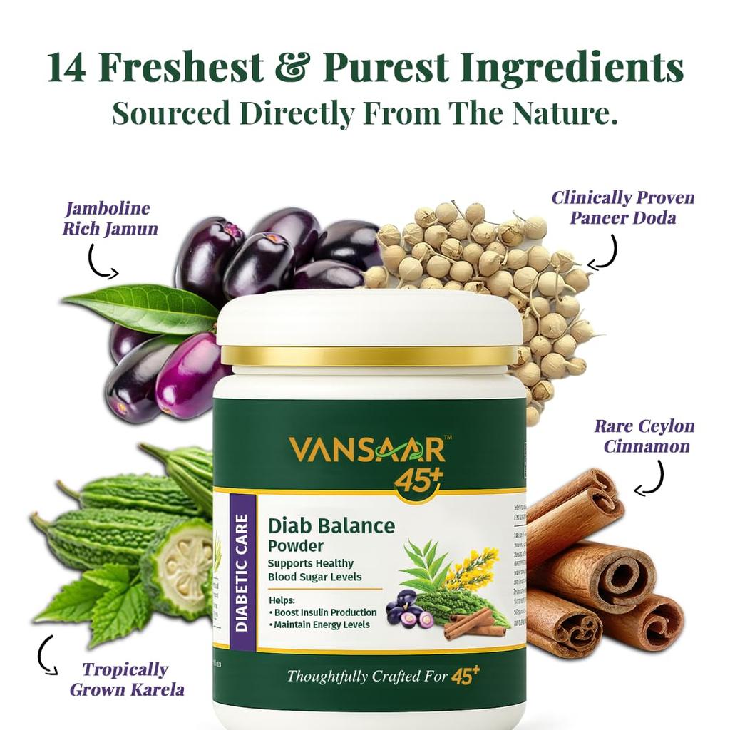 Vansaar 45+ Diab Balance Ayurvedic Wellness Powder 250g For Adults | Herbal Blend For Energy, Digestion & Metabolic Support | No Preservatives