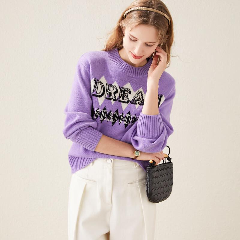 TUHUANG Women's Thick Pure Wool Letter Jacquard Round Neck Sweater