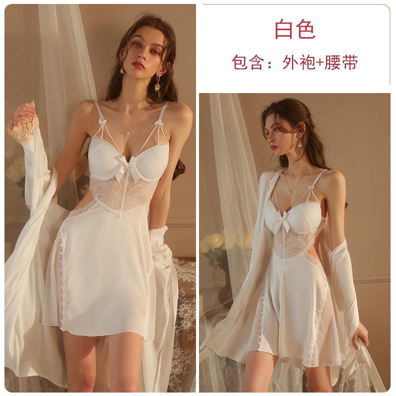 Sexy hollow satin lace plus chest pad deep V temptation steel ring gathering nightdress robe loungewear