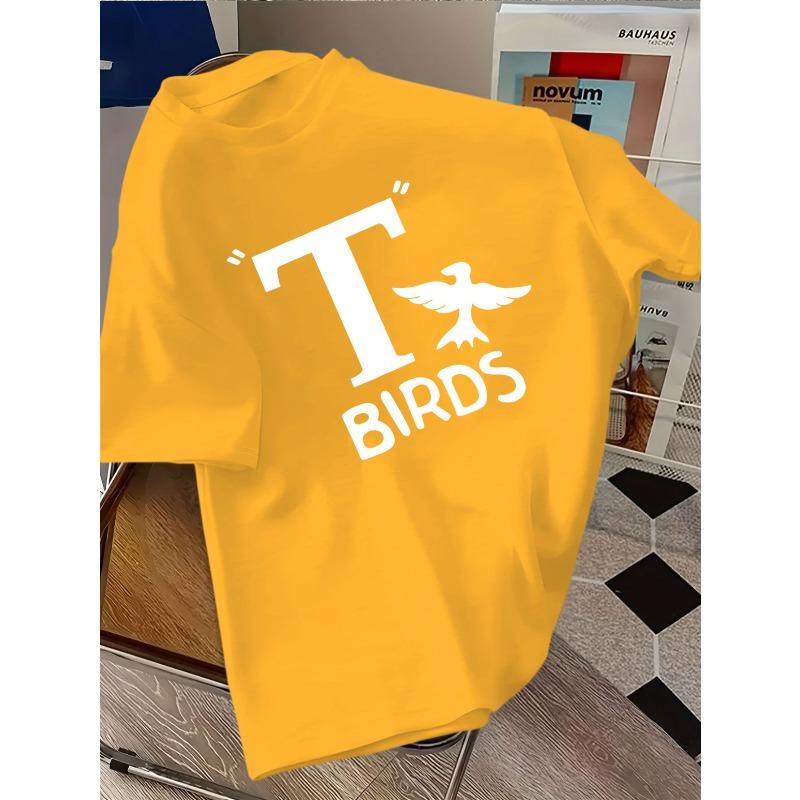 European Sizes Vintage T-Shirt with T-Birds Classic Pattern - Trendy Short Sleeve Casual Top, Regular Fit, Crew Neck, Summer Style