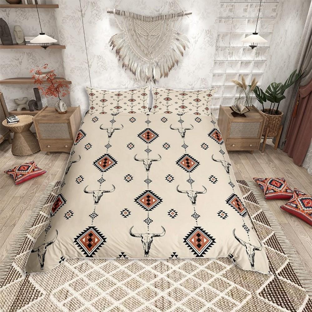 Homewish Mandala Azteken Erwachsene Bettbezug Set, Tribal Hippie Streifen Abstraktes Bettwäscheset, Western Schafsschädel Bettset