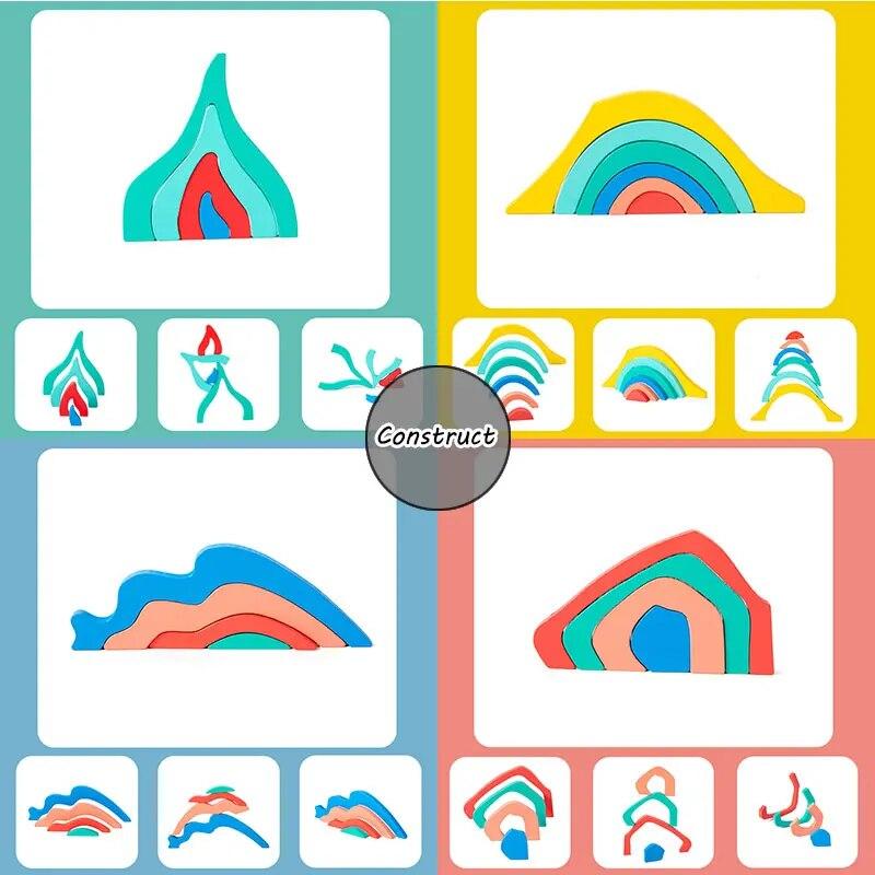 Children Rainbow Wooden Blocks Board Game Wooden Toys Montessori Parish Color Cognitive 3D Constructor Sensory Game Toy For Kids