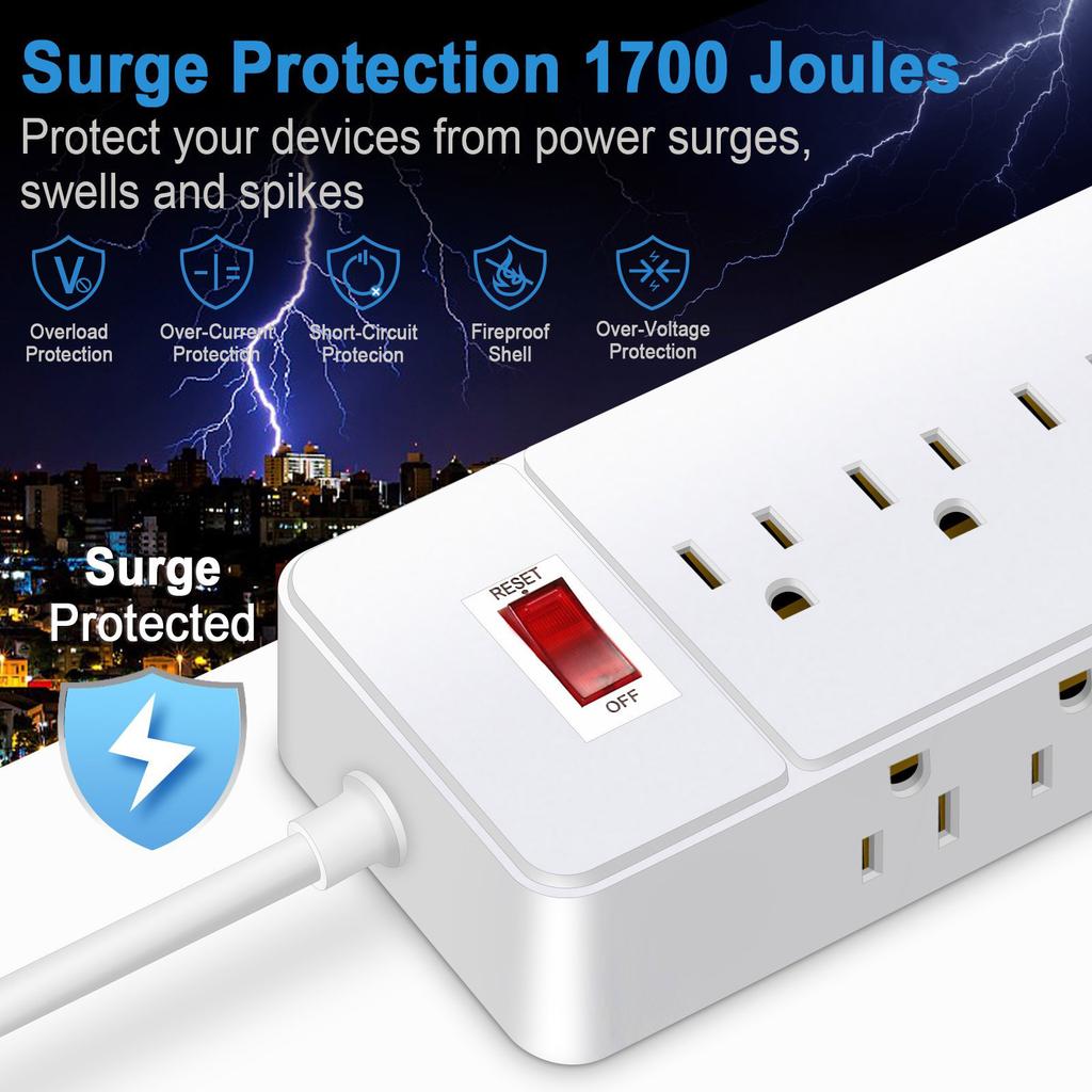 3 Side Designs Wall Mountable Power Strips Surge Protectors 12Outlets USB Port Low Profile Plugs Perfect for Home Office