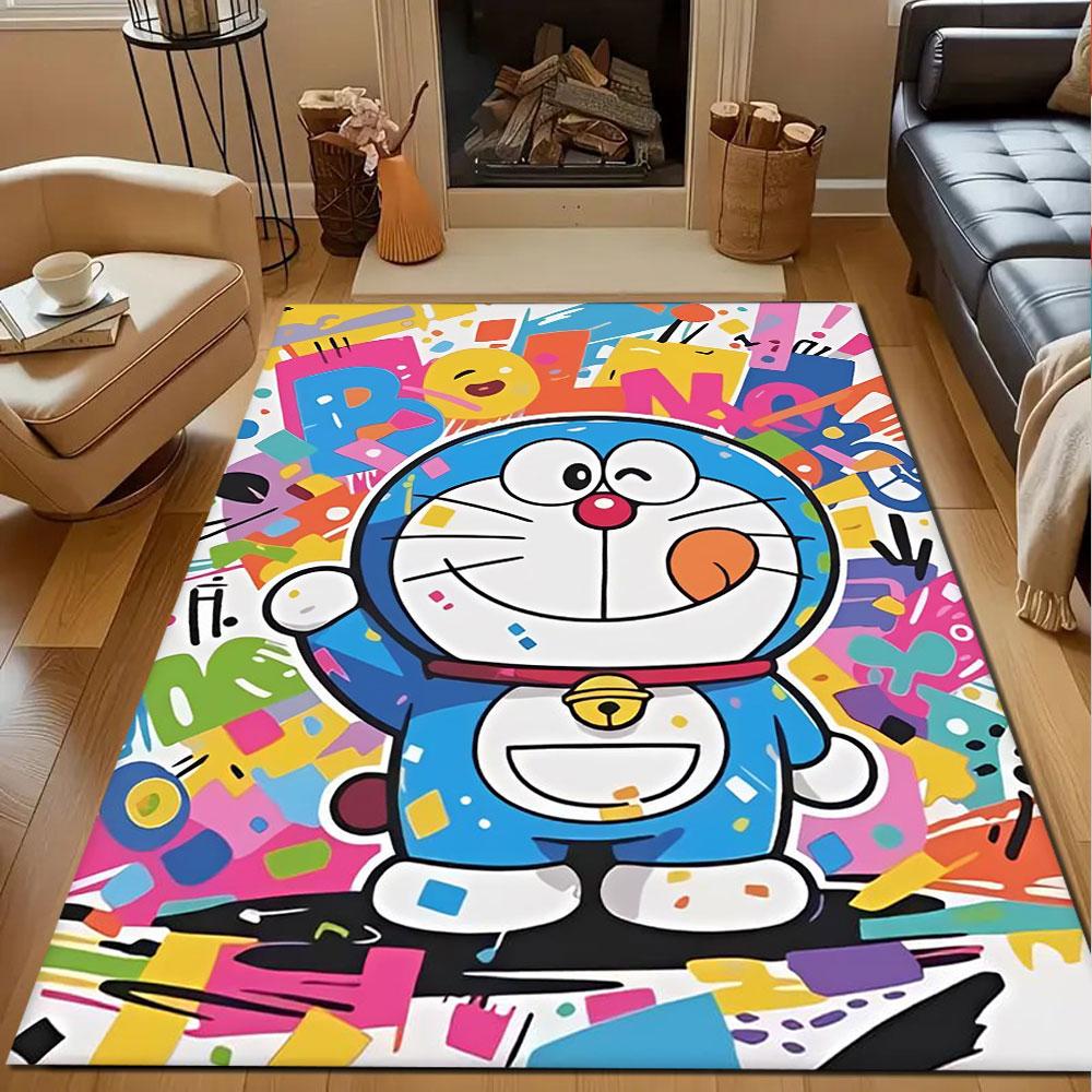 Colorful Cartoon Cat with Graffiti Style Patterned Carpet, Non Slip Mat Suitable for Living Room and Bedroom Sofas