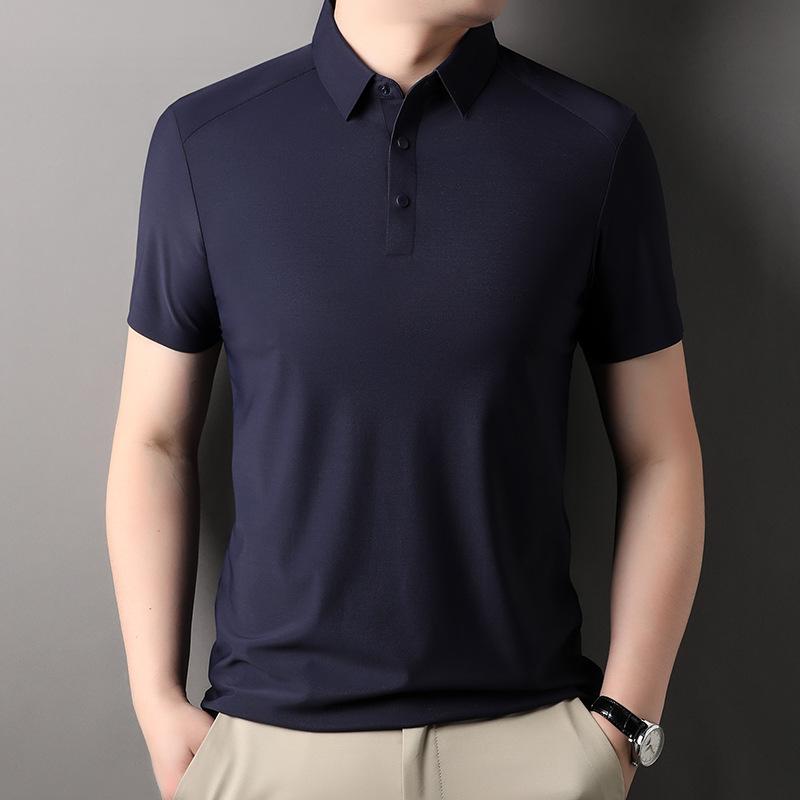 Mulberry Silk Short-sleeved T-shirt for Men, Solid Color Business Polo Shirt, No-iron Laminated Ice Silk, Traceless Ice Silk Lapel T-shirt for Men
