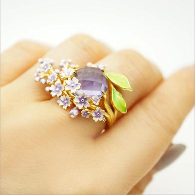 He Cheng 18k Gold Pink Drip Diamond-Plated Amethyst Engagement Ring for Women