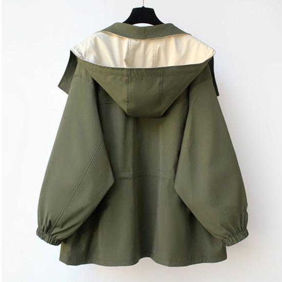 Women Windbreaker Hooded Patchwork Colorblock Zipper And Button Closure Long Sleeves Tight Waist