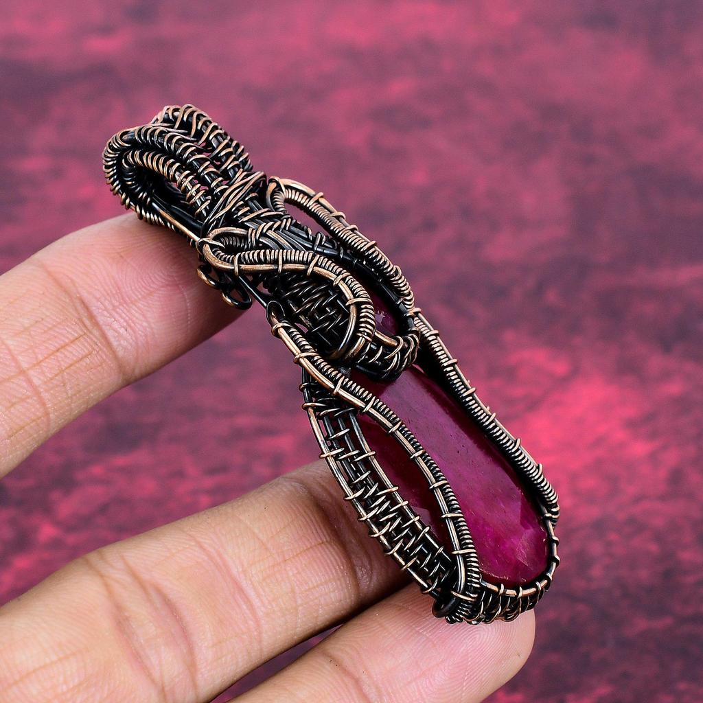 Faceted Kashmir Ruby Real Gemstone Pendant Copper Wire Wrapped Handmade Jewelry