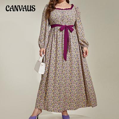 Plus Size Women's Spring and Autumn Temperament Color Blocking Floral Printing Square Neck Long Dress
