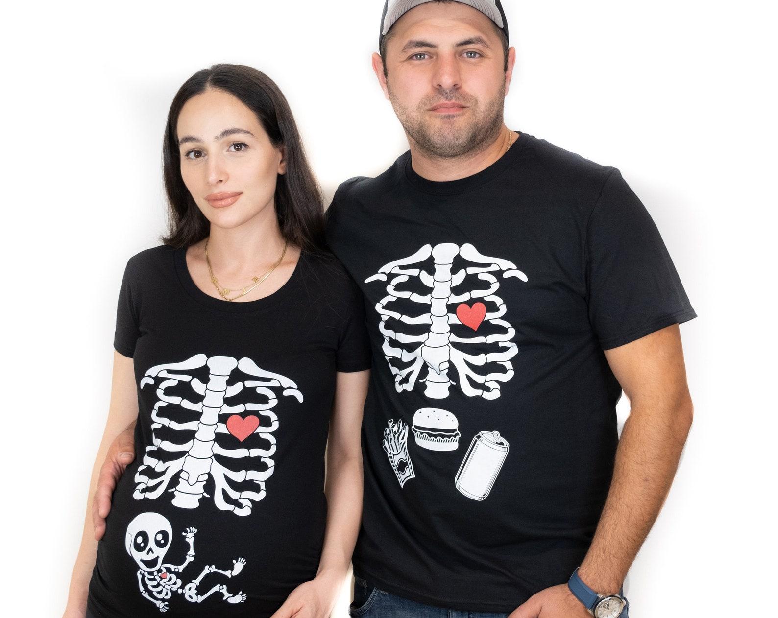 Halloween Couple Skeleton X-ray T-shirts | Maternity Costume Pregnancy Top | Xray Baby Skeleton dad mom matching Shirts | Dad Burger fries T 4XL
