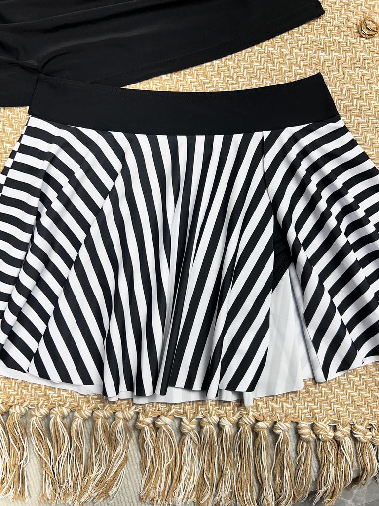 Damen Badeanzug Gestreift Kontrastfarbe Kordelzug Träger Sexy Hoher Bund Schlitz Geteilt Badeanzug Bikini Anzug Strandkleidung