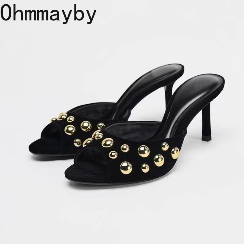 

Summer Women s Fashion Rivet Slippers Open Toe Slip-On Dress Slides Casual Party Street Style Shoes 42 чорний