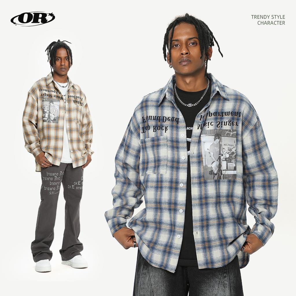 Pánská všestranná podzimní pouliční postava s potiskem písmen, kostkovaná košile s dlouhým rukávem, trendy kostkovaná košile se stojáčkem