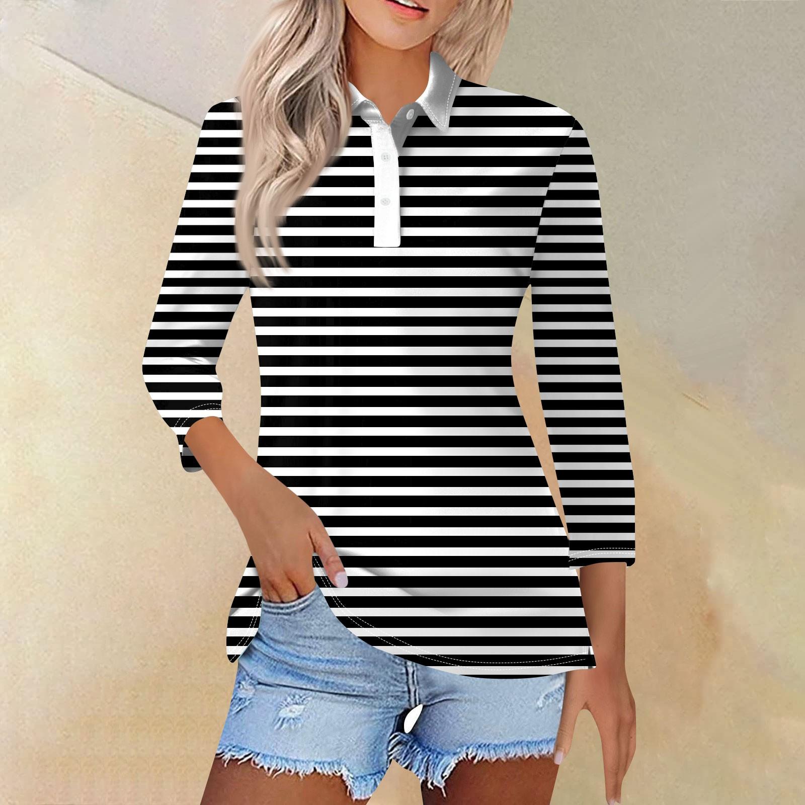 

Женский модный повседневный топ на пуговицах с рукавом 3/4 в полоску с принтом и лацканами M чёрный