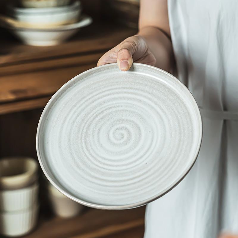 If The Old Series Ceramic Shallow Plate Retro Plate Household Tableware Ring Pattern Large Plate Western Food Steak Plate Salad Plate Vegetable Plate