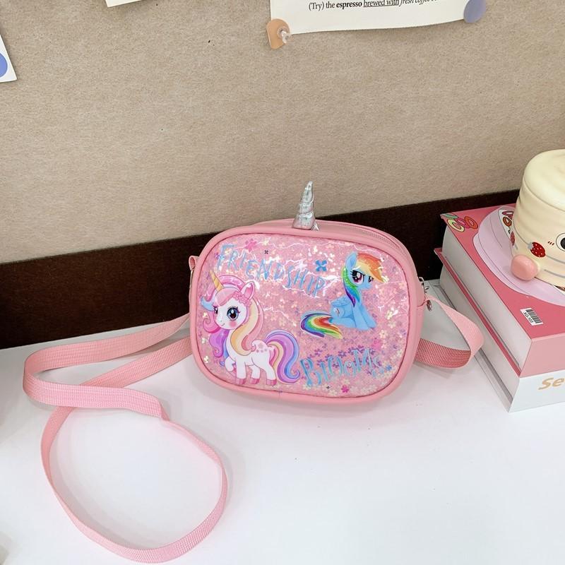 Cartoon Rainbow Unicorn Kids Shoulder Bag With Glitter Sequins For Daily Use