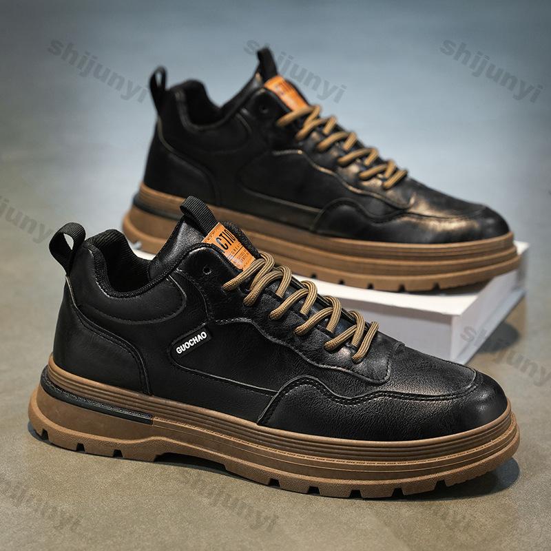 Fashion Men Casual Leather Shoes Autumn New Waterproof Work Shoes Casual Thick Soled Lace Up Anti Slip Ankle Boots Comfort Leather Botas