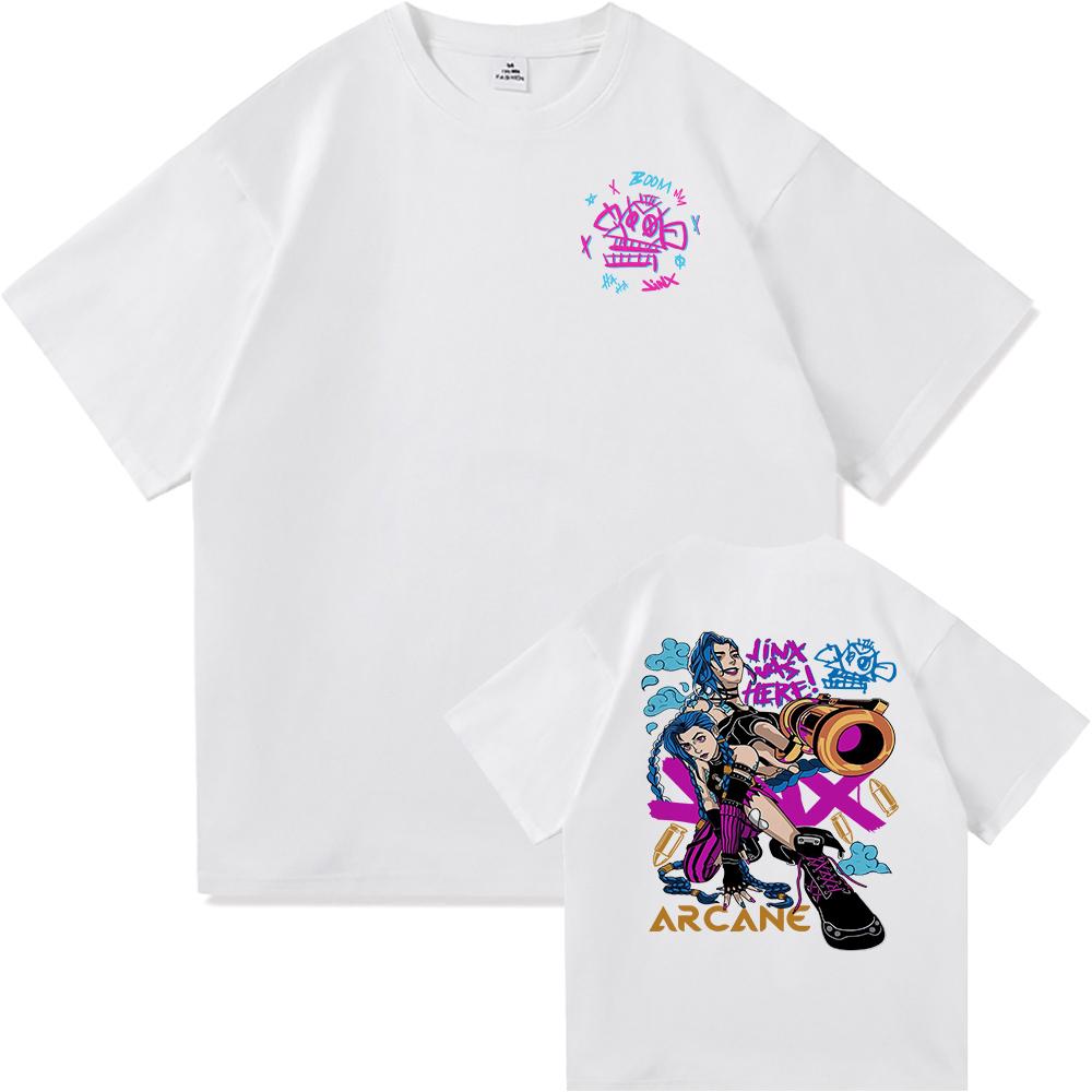 Arcane 2 T Shirts Fashion Men Harajuku Aesthetic Retro Anime Vi Jinx Tshirt Unisex High Quality Cartoon Vintage Cotton Tee Shirt