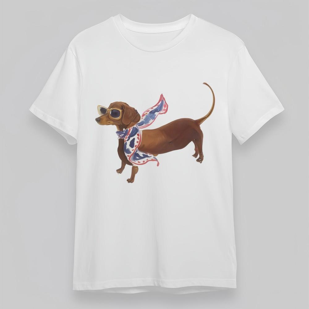 

Women s Oversize T-shirt With Dapper Dachshund Graphic White Cotton Tops USA S