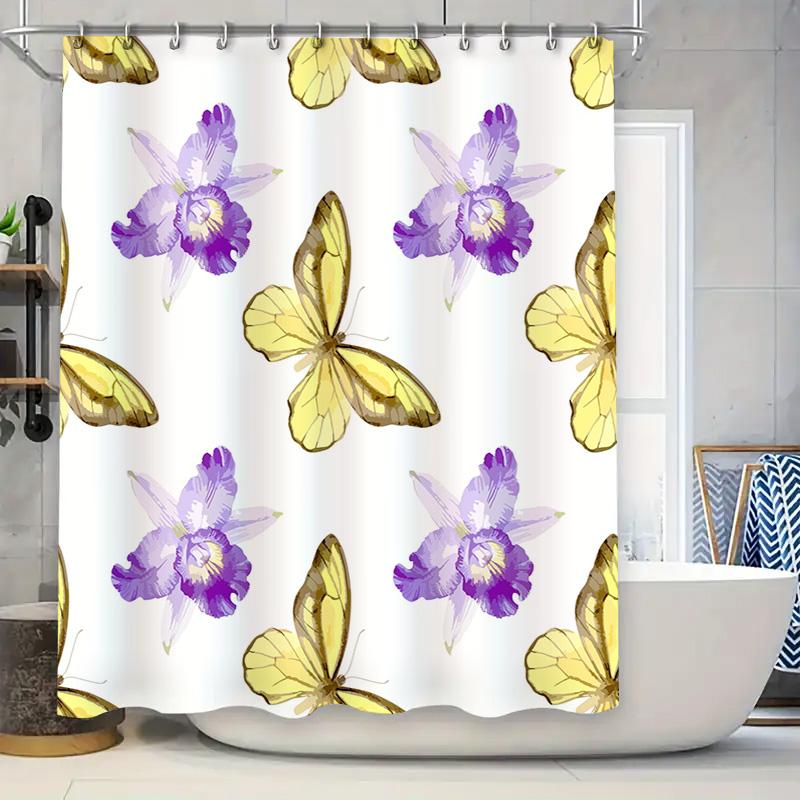 

White Shower Curtain with Purple Orchids Yellow Butterflies Waterproof Decor for Bathrooms Black Trim Finish (Large Size) [Item 90x180cm