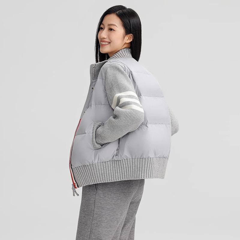 Knitted splicing light and thin down jacket women's 2024 winter fashion contrasting color striped stand-up collar casual white duck down jacket