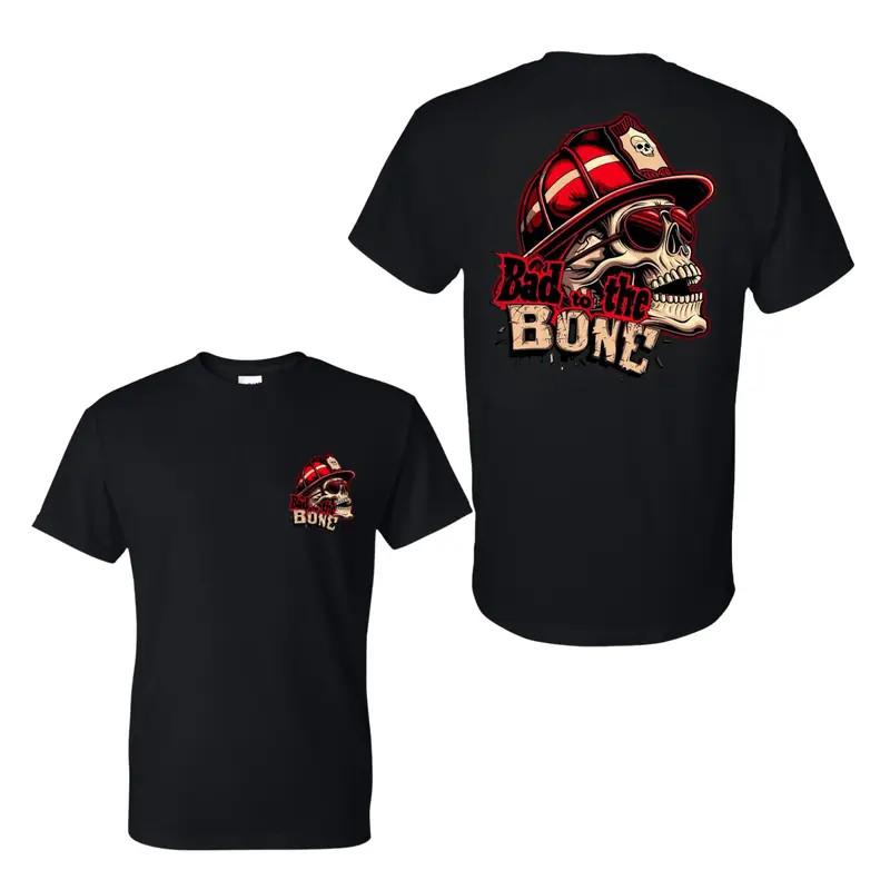 Badass Fireman Red Helmet Graphic Tee Bad To The Bone Firefighter Skull T-Shirt S
