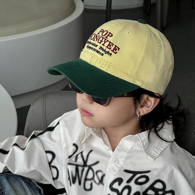 Children's American Retro Ripped and Fashionable Letter Embroidery Color blocking Bay Brim Spring and Autumn Soft Top Hat Casual Baseball Hat