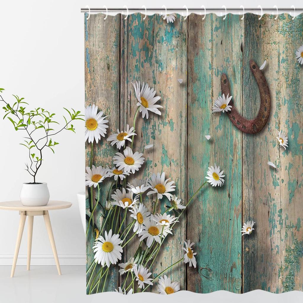 Rustikaler Bauernhaus Duschvorhang - Westliches Pferd & Gänseblümchen Türkisbraun Scheunenholz 72x84 Zoll, Retro Badezimmerdekoration mit 12 Haken