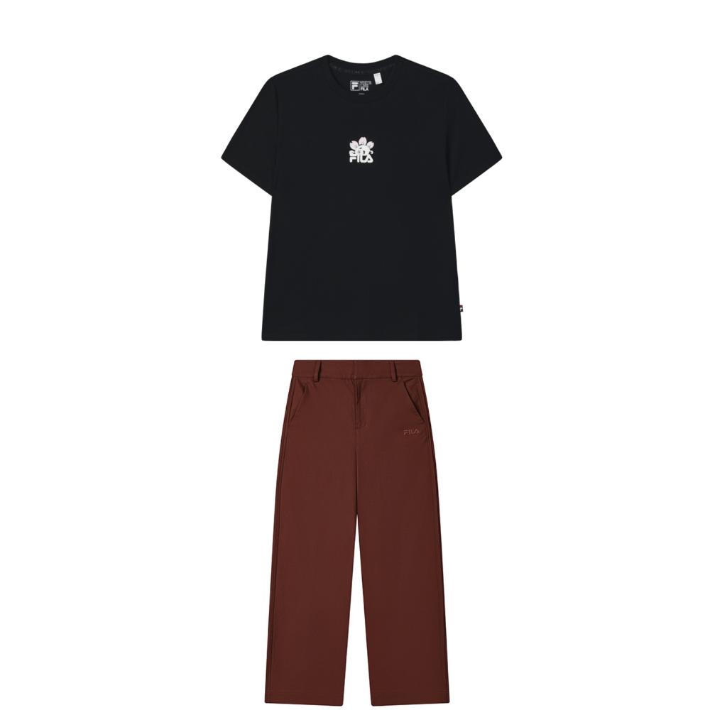 

Fila Пуловер Heritage с круглым вырезом, вязаная футболка с коротким рукавом, модный простой повседневный комплект с длинными брюками, женские комплекты F11W538113F-BK+F11W538806F-BN XL