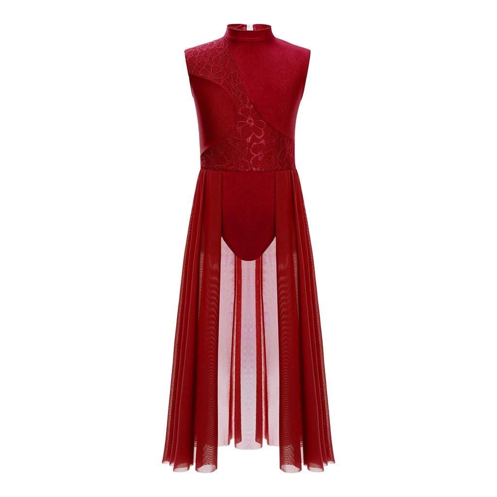 Kinder Mädchen Lyrisches Tanzkleid mit floralem Spitzen-Patchwork: Elegantes Stehkragen- und Cut-out-Rückendesign für Bühnenauftritte