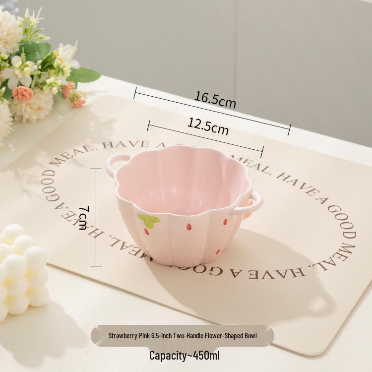Cute Double-Handled Ceramic Bowl & Plate Set - Ideal for Instant Noodles, Soup, & More with Spoon & Chopsticks