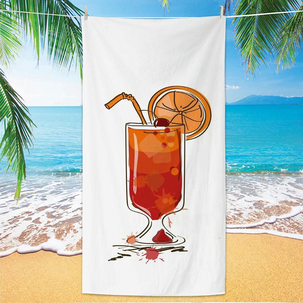 Orange Cocktail Polyester Beach Towel Summer Drink Printed Bath Towel Quick Dry Sand Free for Pool Party Holiday Seaside Spa