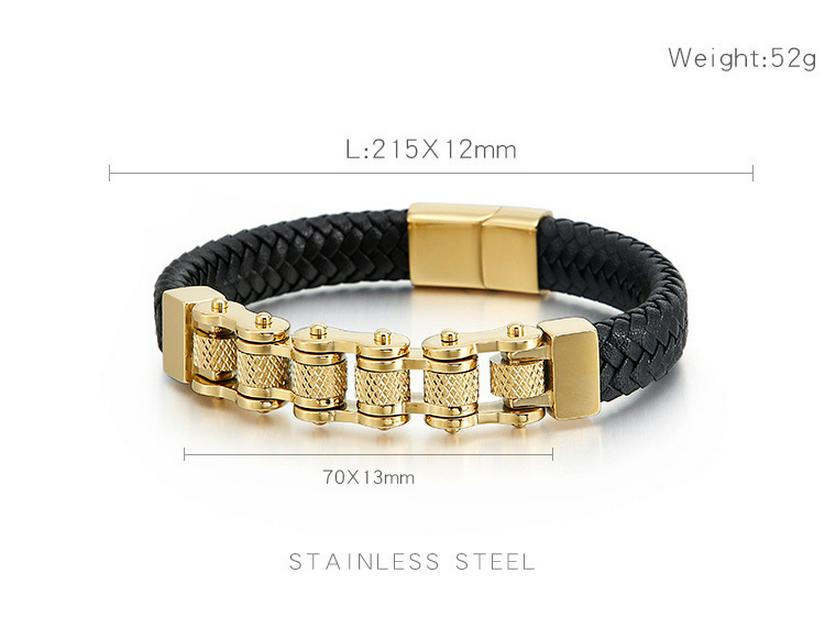 European-American Punk Bicycle Chain Titanium Steel Bracelet with Woven Cowhide In Stainless Steel Motorcycle Design.