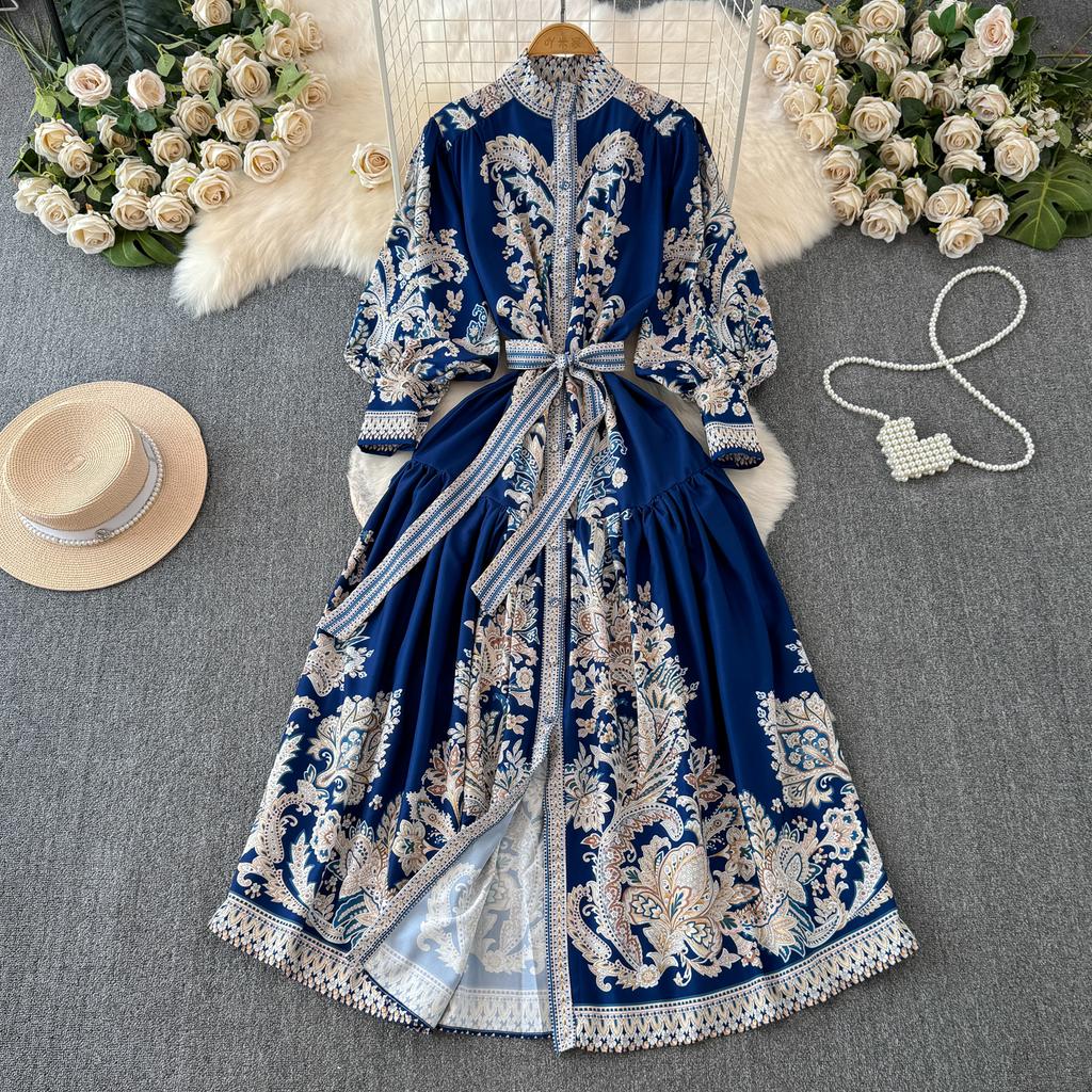 Vintage Langes Kleid für Damen, Frühling, Herbst, Blumendruck, Robe, Stehkragen, elegant, einreihig, Schnürgürtel, plissiertes Maxikleid