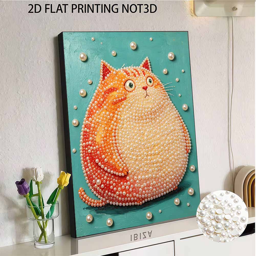 Creative DIY Framed Pearl Art Kit with Cute Fat Orange Cat Pattern Sparkling Bead Canvas Ready to Display Relaxing Gift for Adults