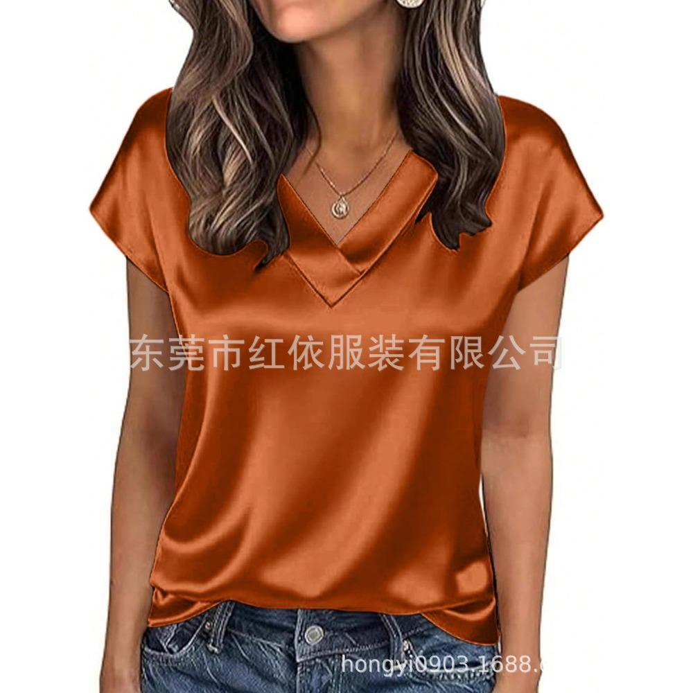 21-Color Women's Satin T-shirt Spring and Summer European and American Women's Clothing New V-neck Satin Casual Top Women