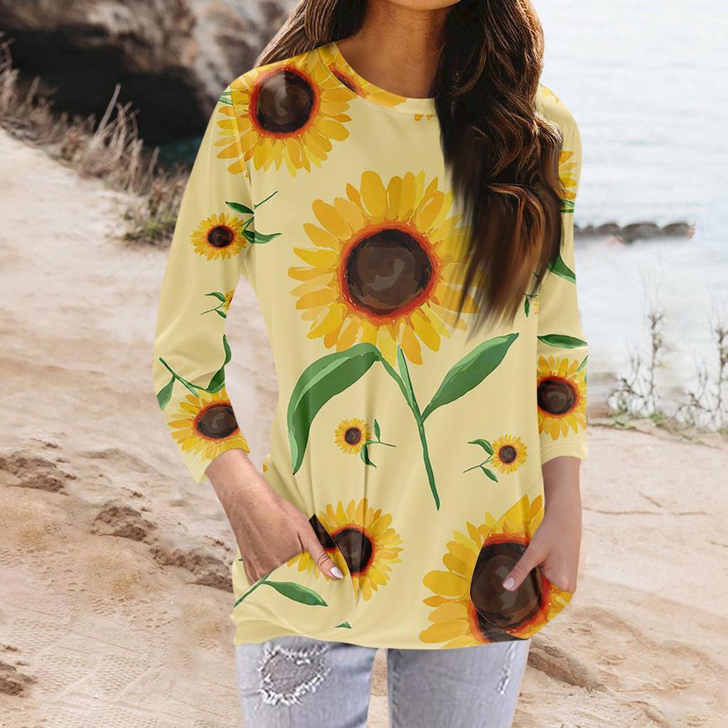 Damenmode Lässiges T-Shirt mit Rundhalsausschnitt, 3/4-Ärmeln und Tasche