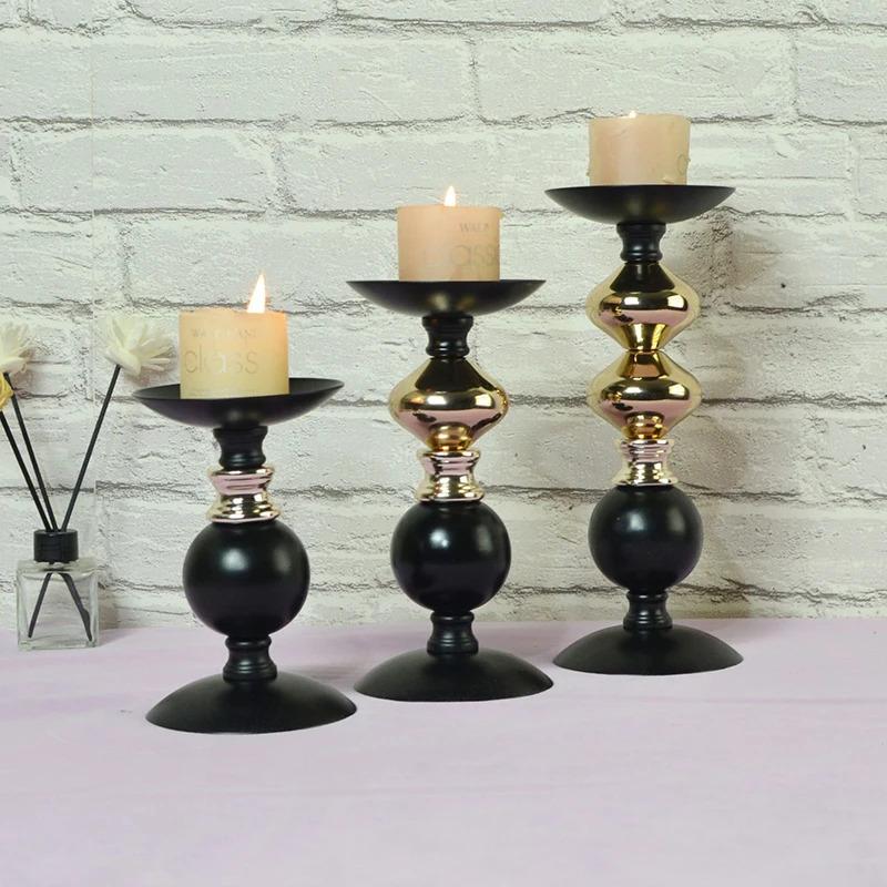 Black and Silver Two-Tone Metal Candlesticks, Set of 3 Modern Column Candlesticks for Centerpiece Home Decor