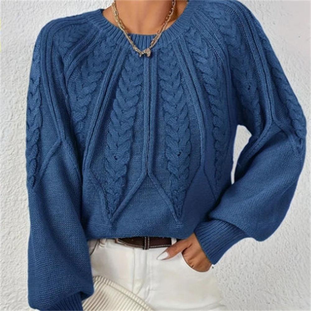 Women's Autumn/Winter Solid Color Cable Knit Sweater, Loose Crew Neck Lantern Sleeve Versatile Knit Top S-XL