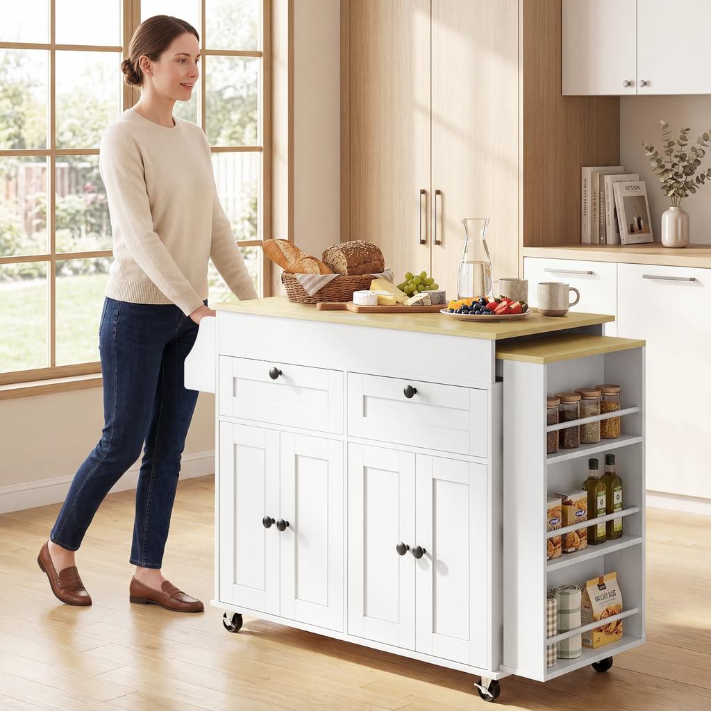 Kitchen Island with Extendable Top, Trolley on Casters, 2 Drawers, 4 Doors, White