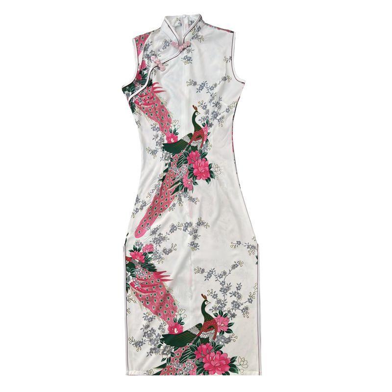 Women Sleeveless Modified Cheongsam, Vintage Floral Chinese Style Midi Qipao Dress, Elegant Formal Split Dress