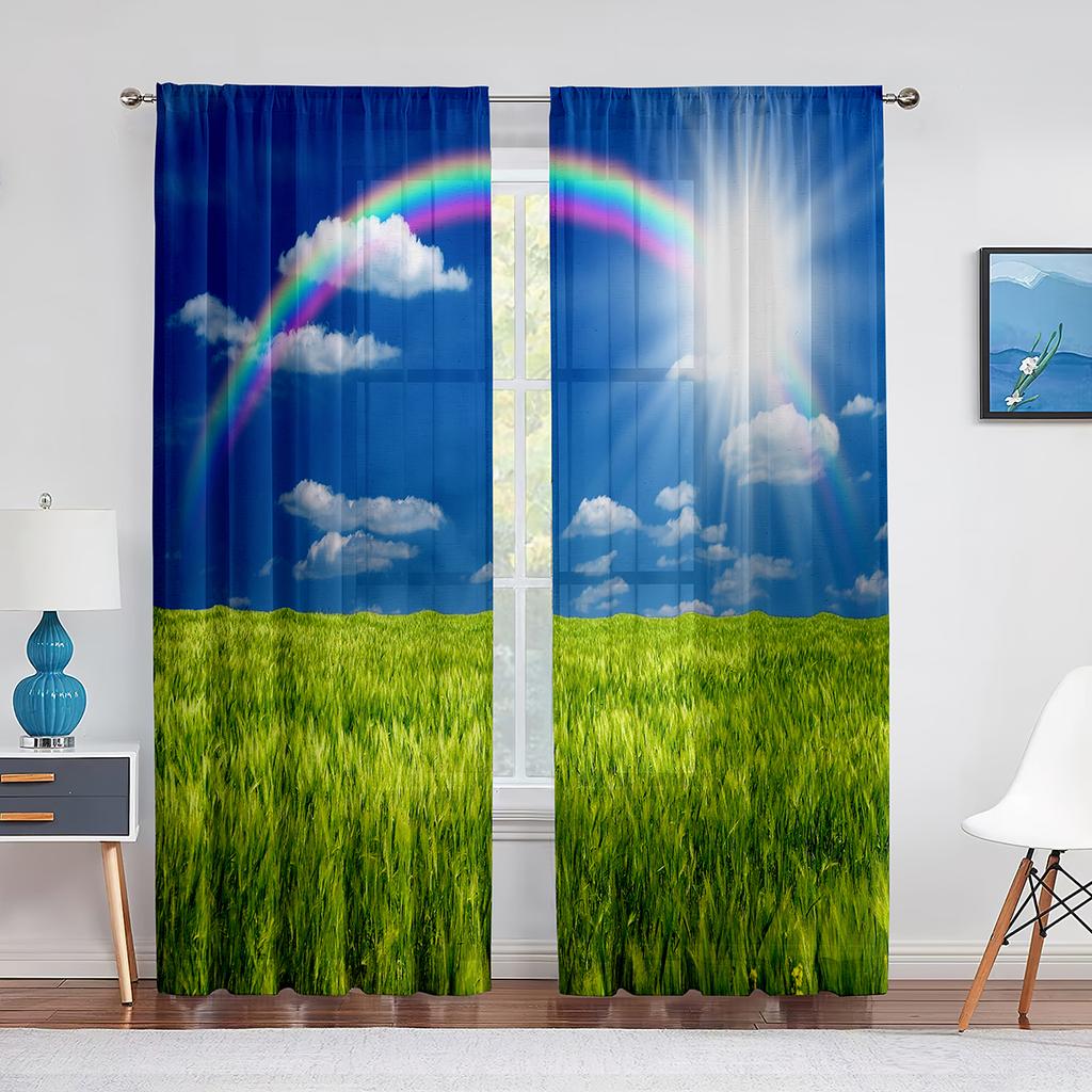 Idyllic Spring Meadow On The Mountains with Flowers Rainbow Sheer Voile Curtains for Living Room Kitchen Window Tulle Curtain