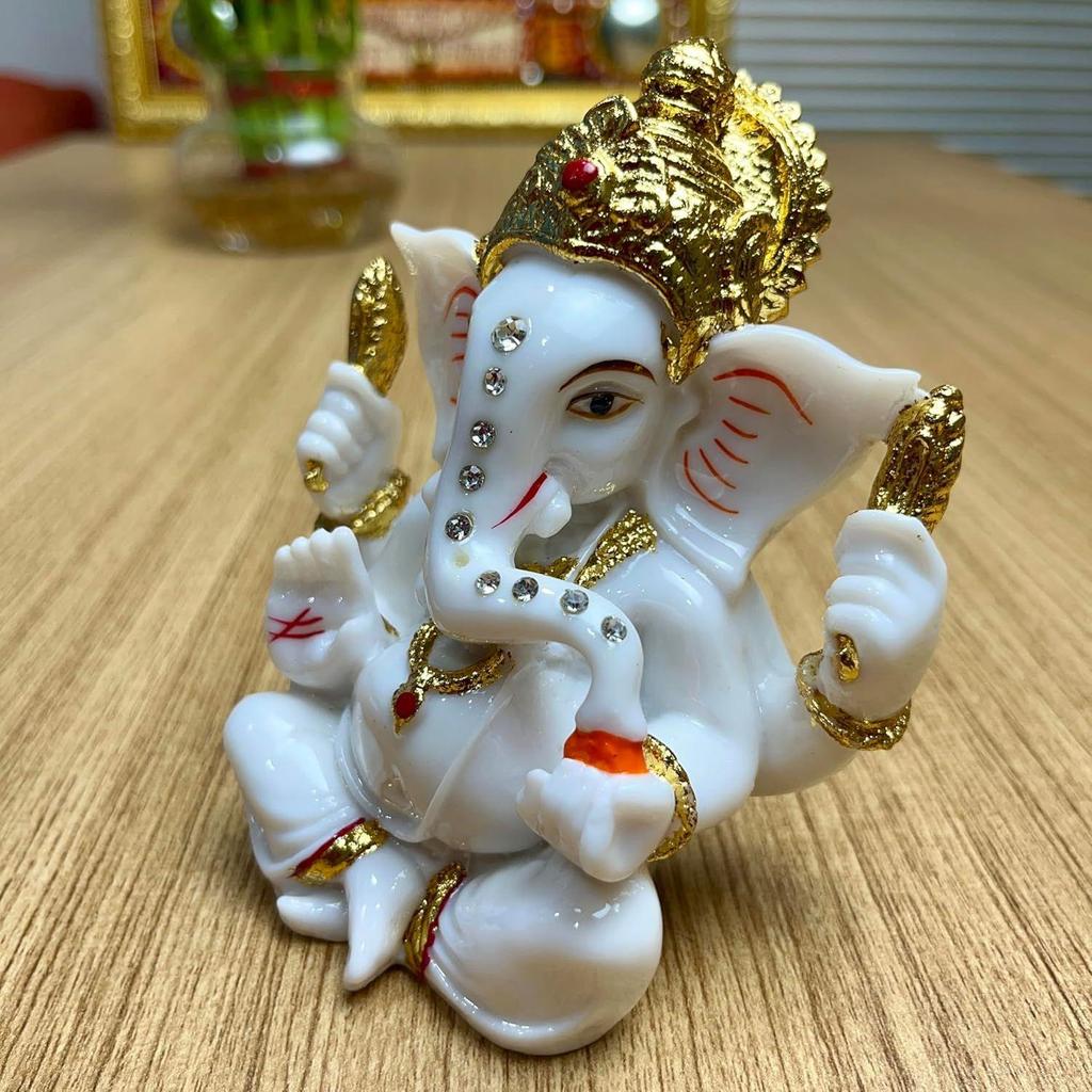 Handmade Marble Dust Lord Ganesha 4.5 Inch for Diwali God Idol Art Figurine for Home Car Dashboard Ganpati Ganesh Murti Temple Pooja Decorative