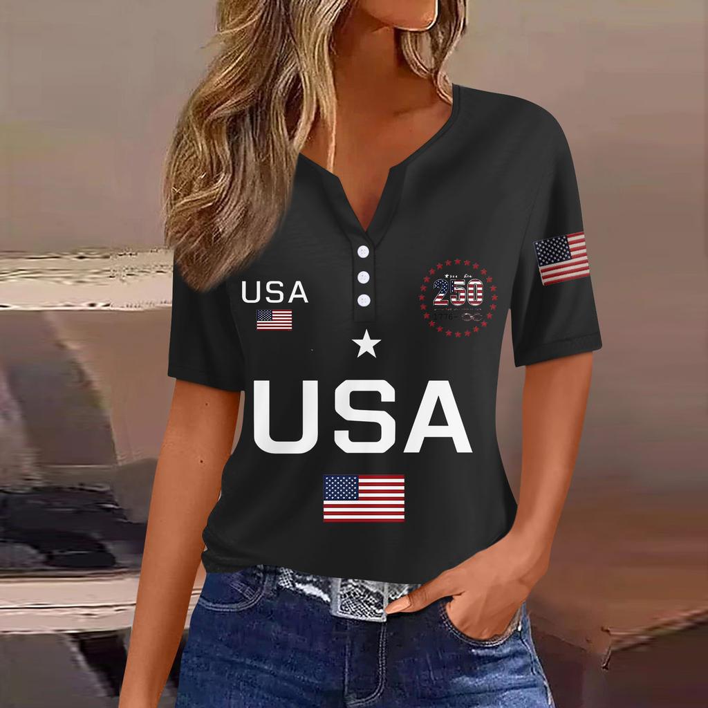 Damen-T-Shirt mit Aufdruck „Unabhängigkeitstag“ und Knopfleiste, kurzärmelig, für den Alltag und das Wochenende, modisch, Basic, V-Ausschnitt, normales Oberteil